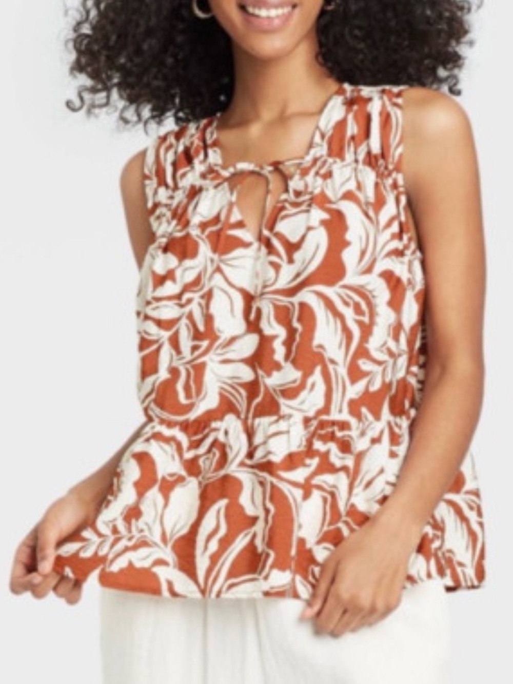 a new day Rust and Cream Floral Tie-Keyhole Peplum Blouse XL